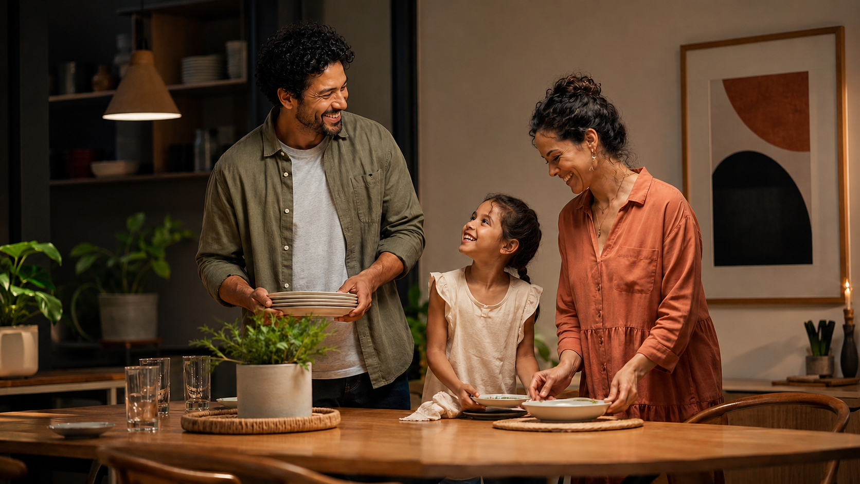 Família brasileira em casa, reunida à mesa na cozinha ao fim da tarde.